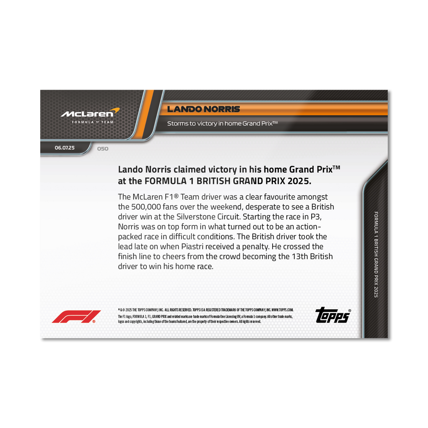 Lando Norris - 2025 Formula 1® Topps NOW® - Card 50 - PR: 4282