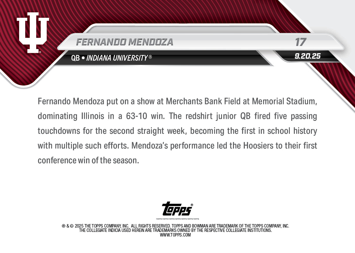 Fernando Mendoza - 2025-26 Bowman U NOW® Football - Card 17 - LOOK FOR RELICS & AUTO-RELICS - PR: 2733