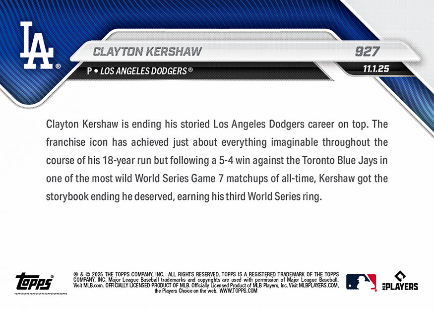 Clayton Kershaw - 2025 MLB Topps NOW® - Card 927 - PR; 10026