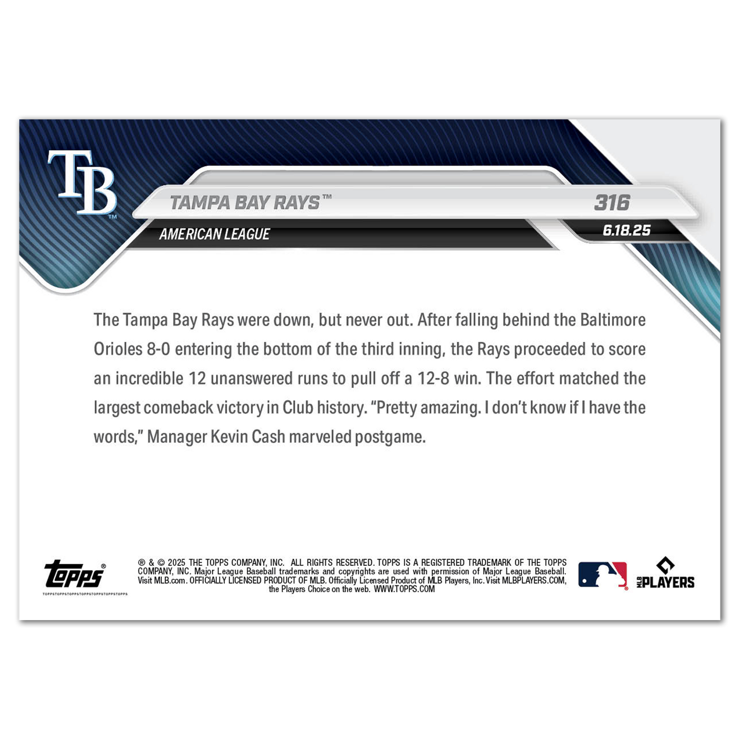 Tampa Bay Rays™ - 2025 MLB Topps NOW® - Card 316 - PR: 307