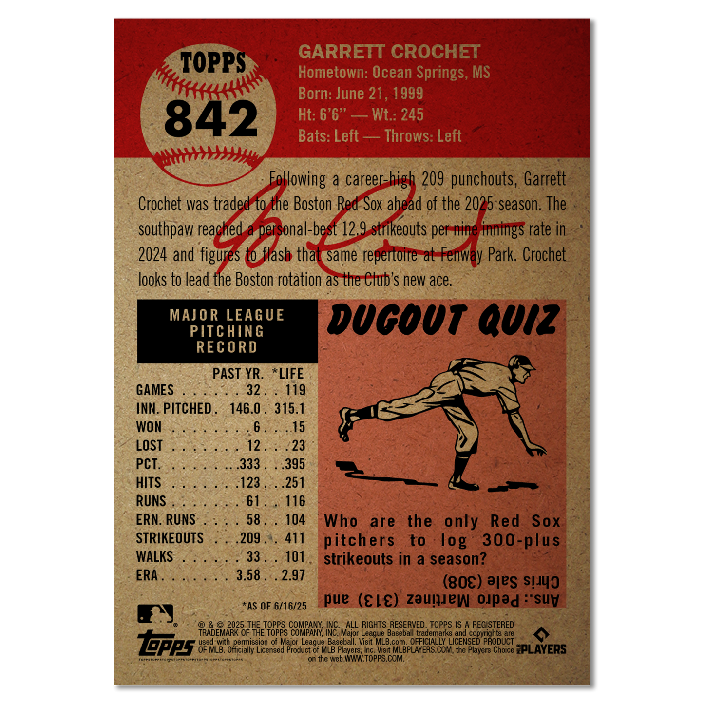 Garrett Crochet - 2025 MLB® Living Set® - Card 842 - PR: 1192