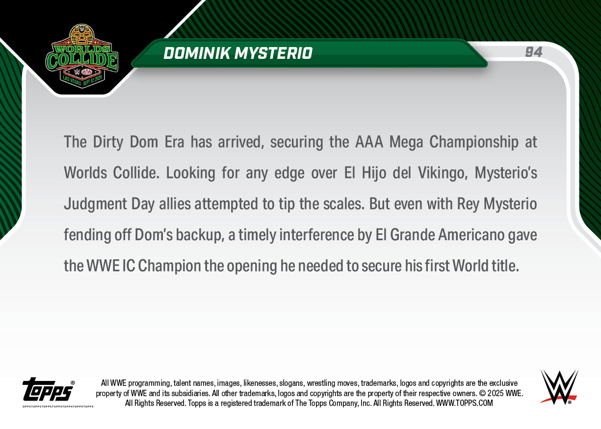 Dominik Mysterio - 2025 WWE Topps NOW® - Card 94 - LOOK FOR AUTOS - PR: 3127