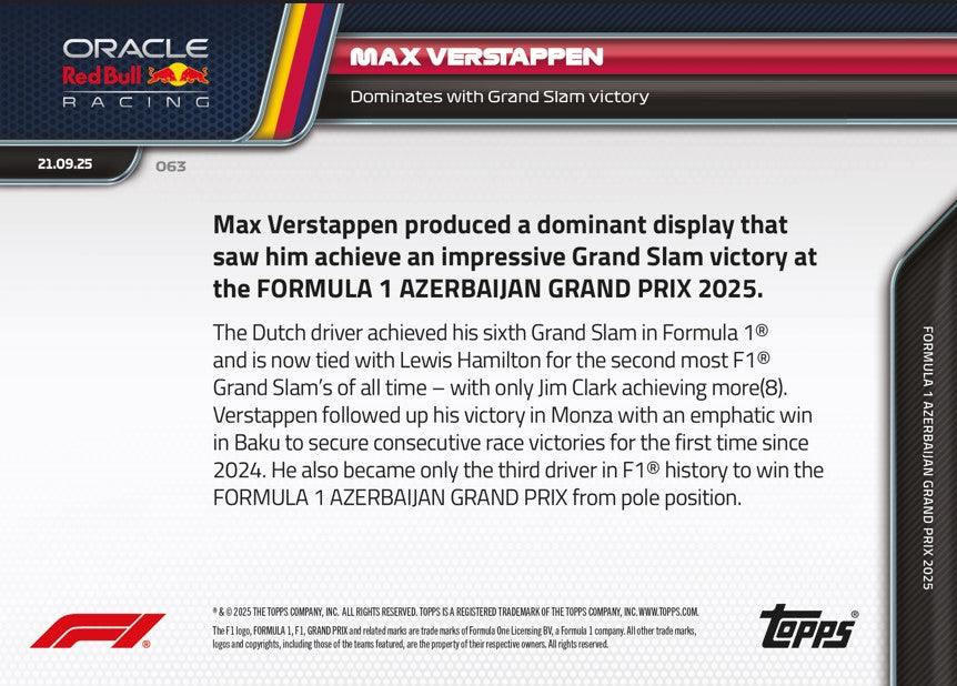 Max Verstappen - 2025 Formula 1® Topps NOW® - Card 63 - PR: 3846