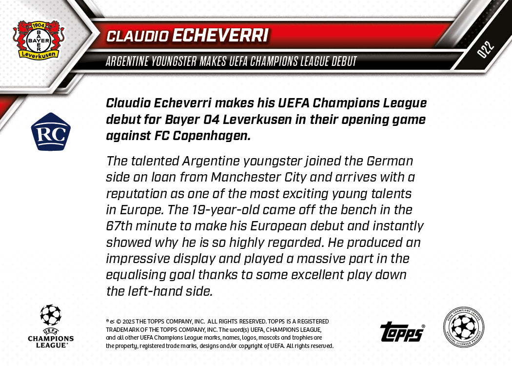 Claudio Echeverri - 2025-26 UCL Topps NOW® - Card 22 - PR: 846