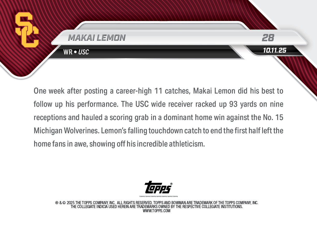 Makai Lemon - 2025-26 Bowman U NOW® Football - Card 28 - PR: 466