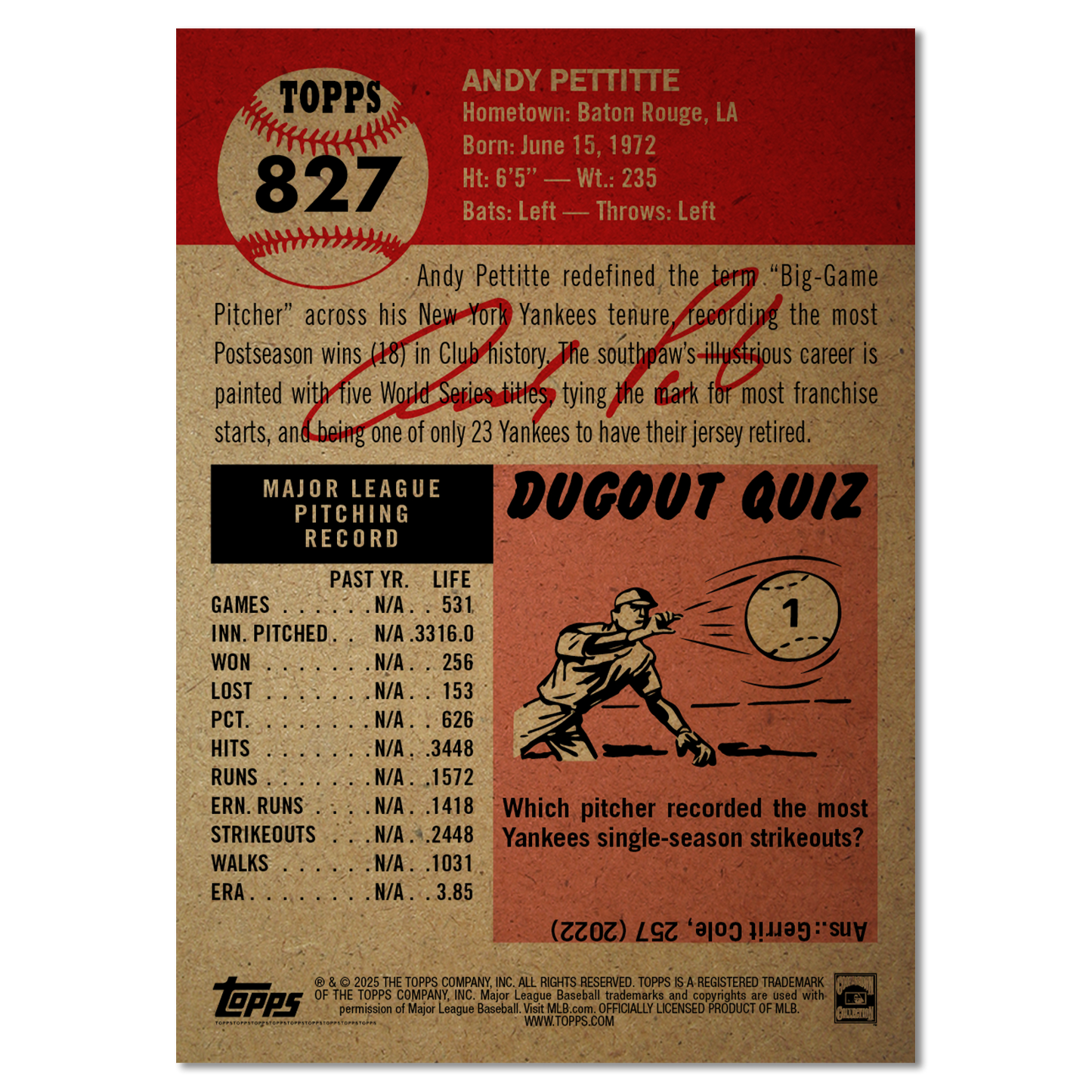 Andy Pettitte - MLB Living Set® - Card 827 - PR: 1665