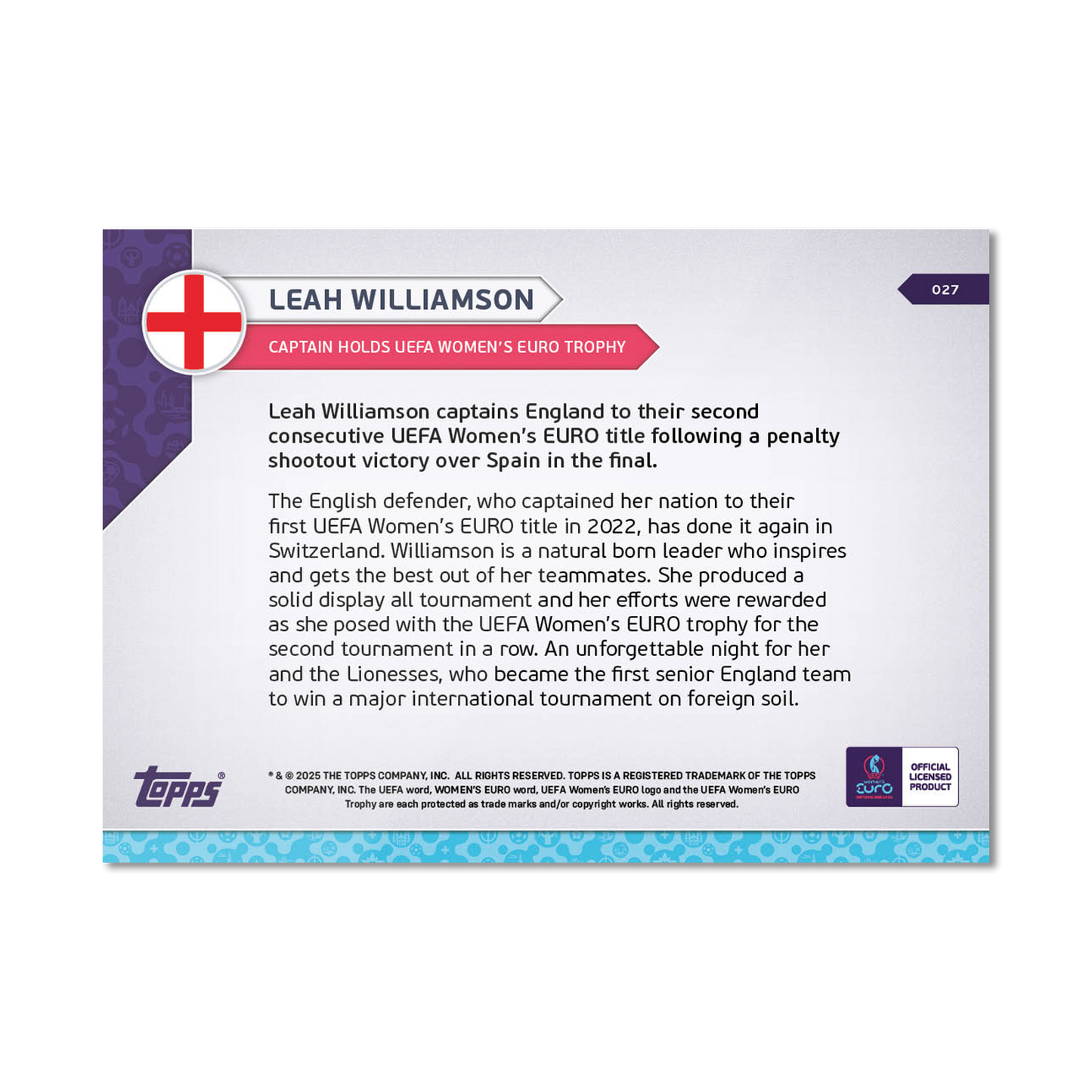 Leah Williamson - UEFA Women’s EURO 2025™ Topps NOW® - Card 27 - LOOK FOR AUTO - PR: 915