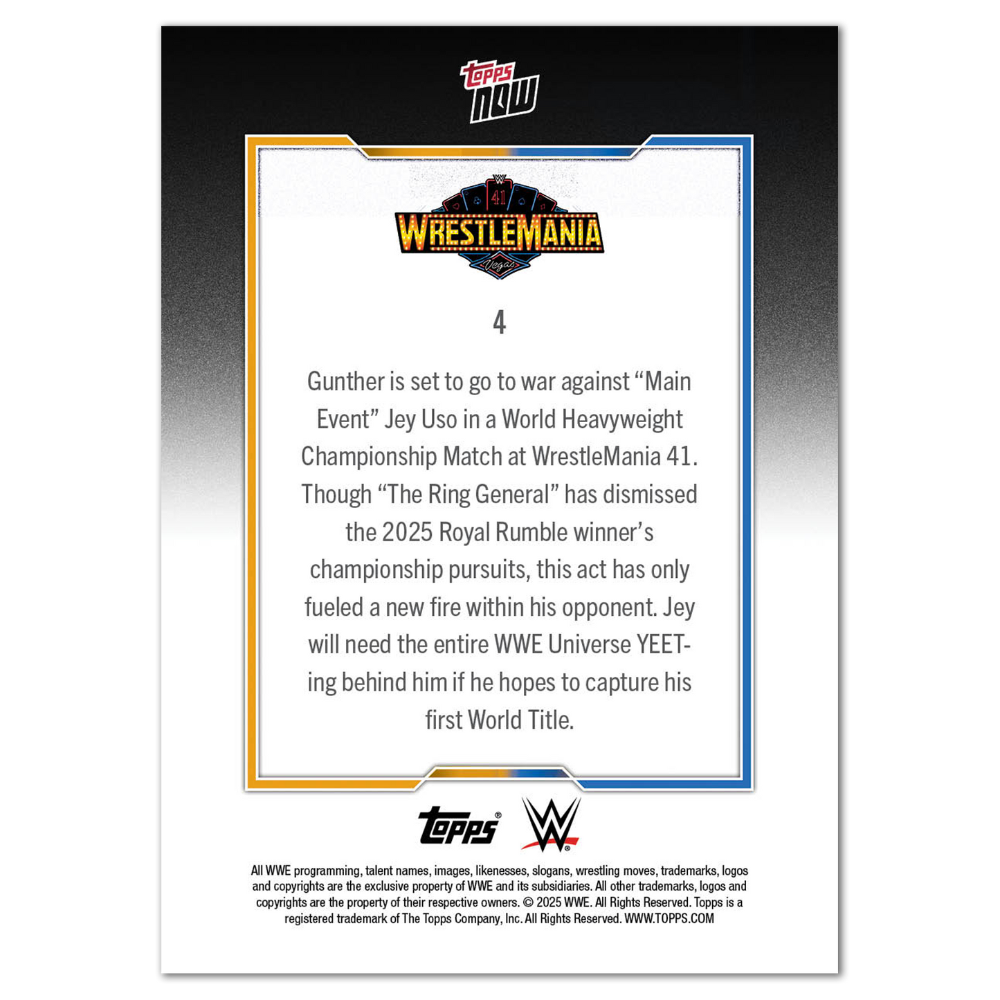 Gunther/Jey Uso - 2025 WWE Topps NOW® - Card WM4 - PR: 2151