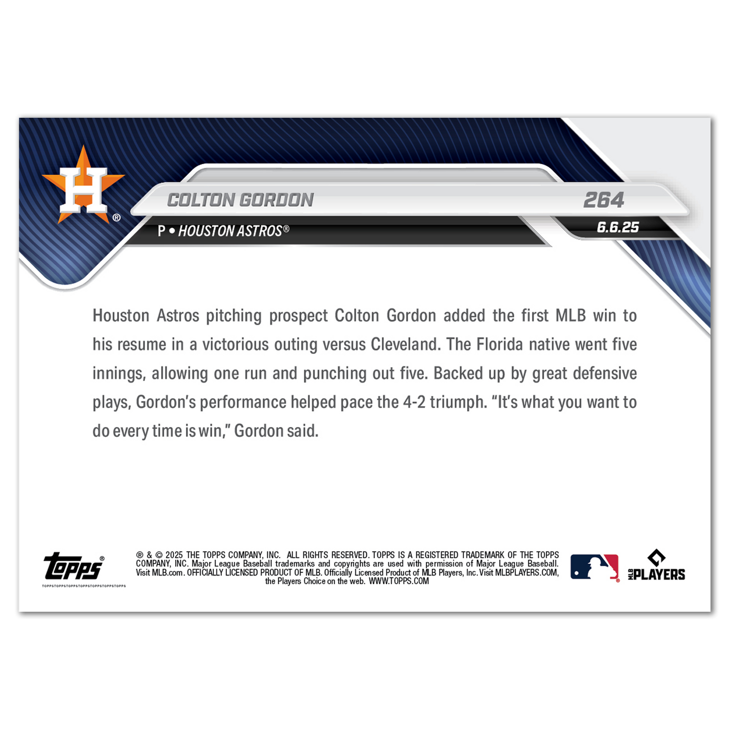 Colton Gordon - 2025 MLB Topps NOW® - Card 264 - PR: 446