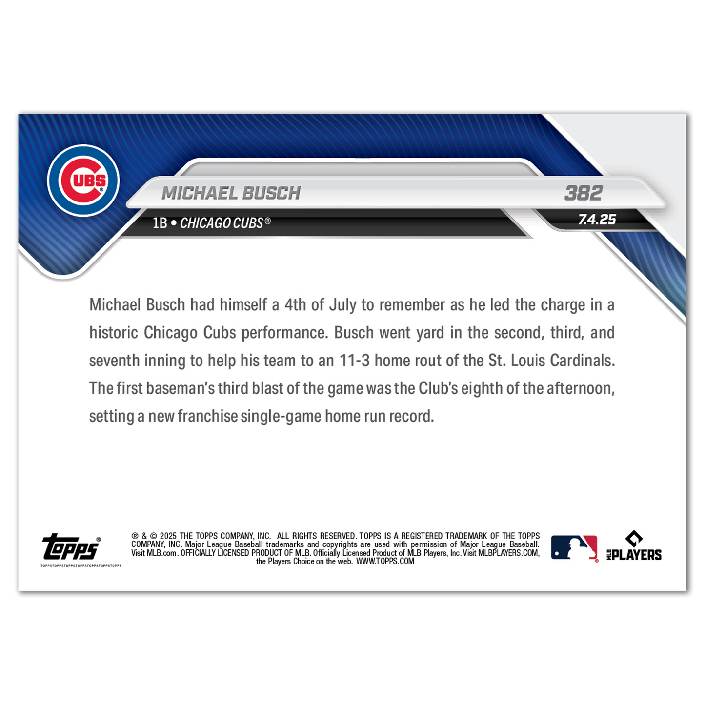Michael Busch - 2025 MLB Topps NOW® - Card 382 - PR: 1160