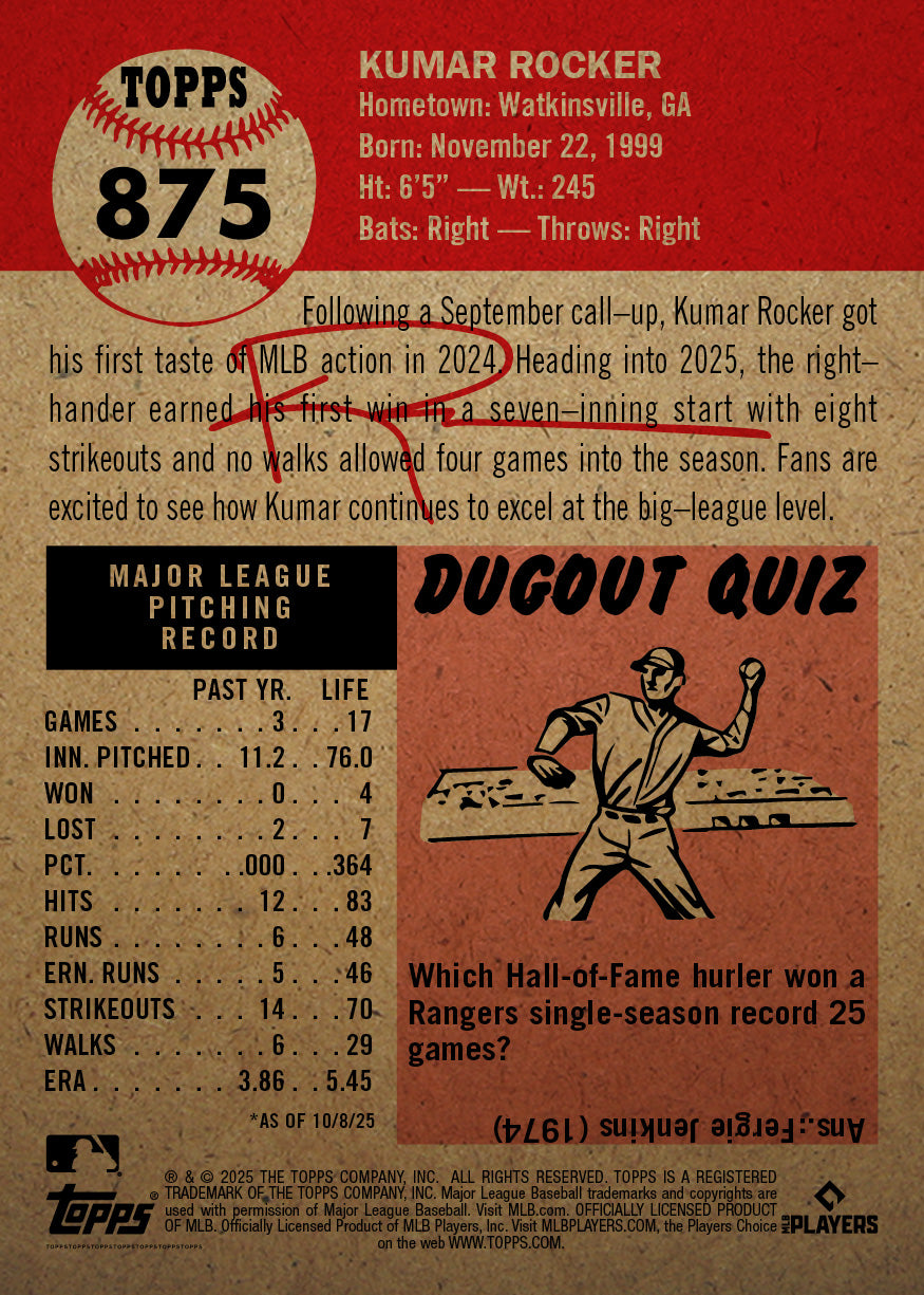 Kumar Rocker - 2025 MLB Living Set® - Card 875 - PR: 1142