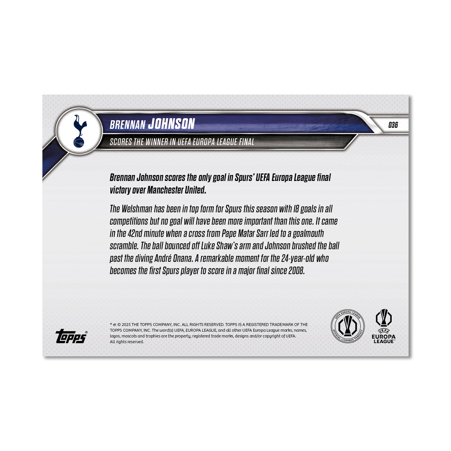 Brennan Johnson - 2024-25 UEL Topps NOW® Card 36 - LOOK FOR RELIC AND AUTO-RELIC - PR: 1925