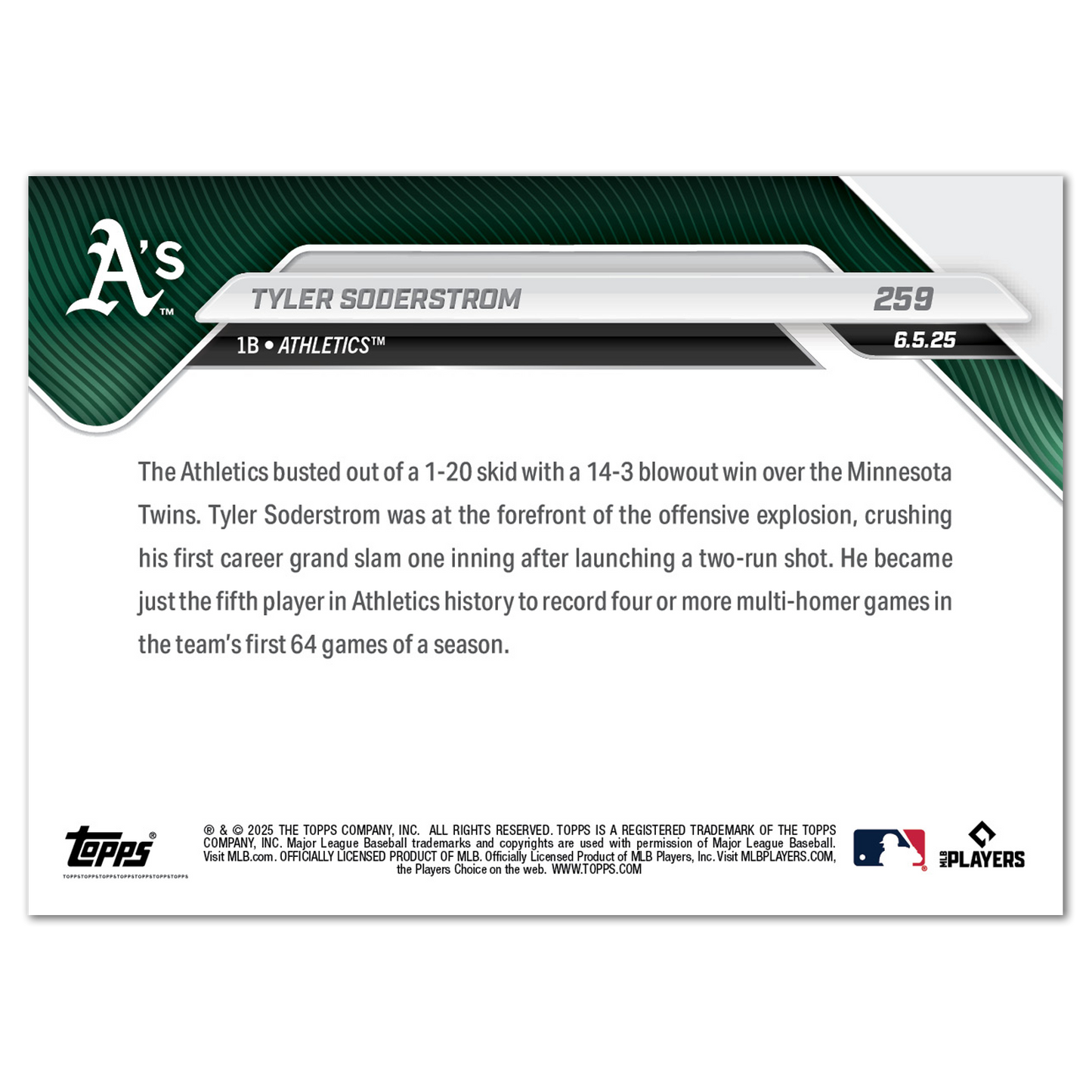 Tyler Soderstrom - 2025 MLB Topps NOW® - Card 259 - PR: 567