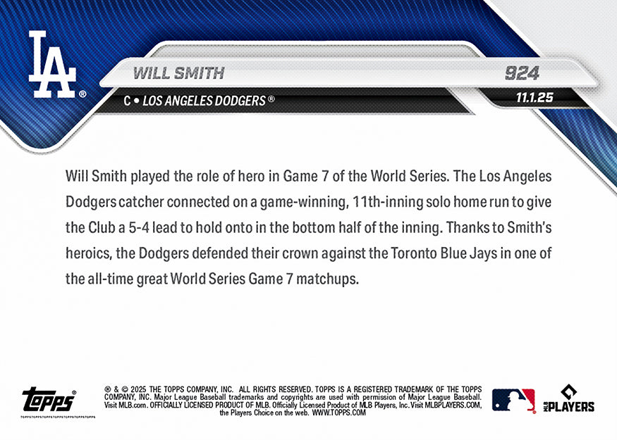 Will Smith - 2025 MLB Topps NOW® - Card 924 - PR: 9898