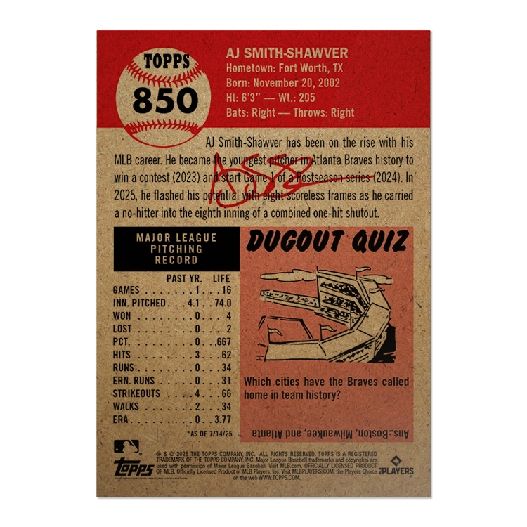 AJ Smith-Shawver - 2025 MLB Living Set® - Card 850 - PR: 1238