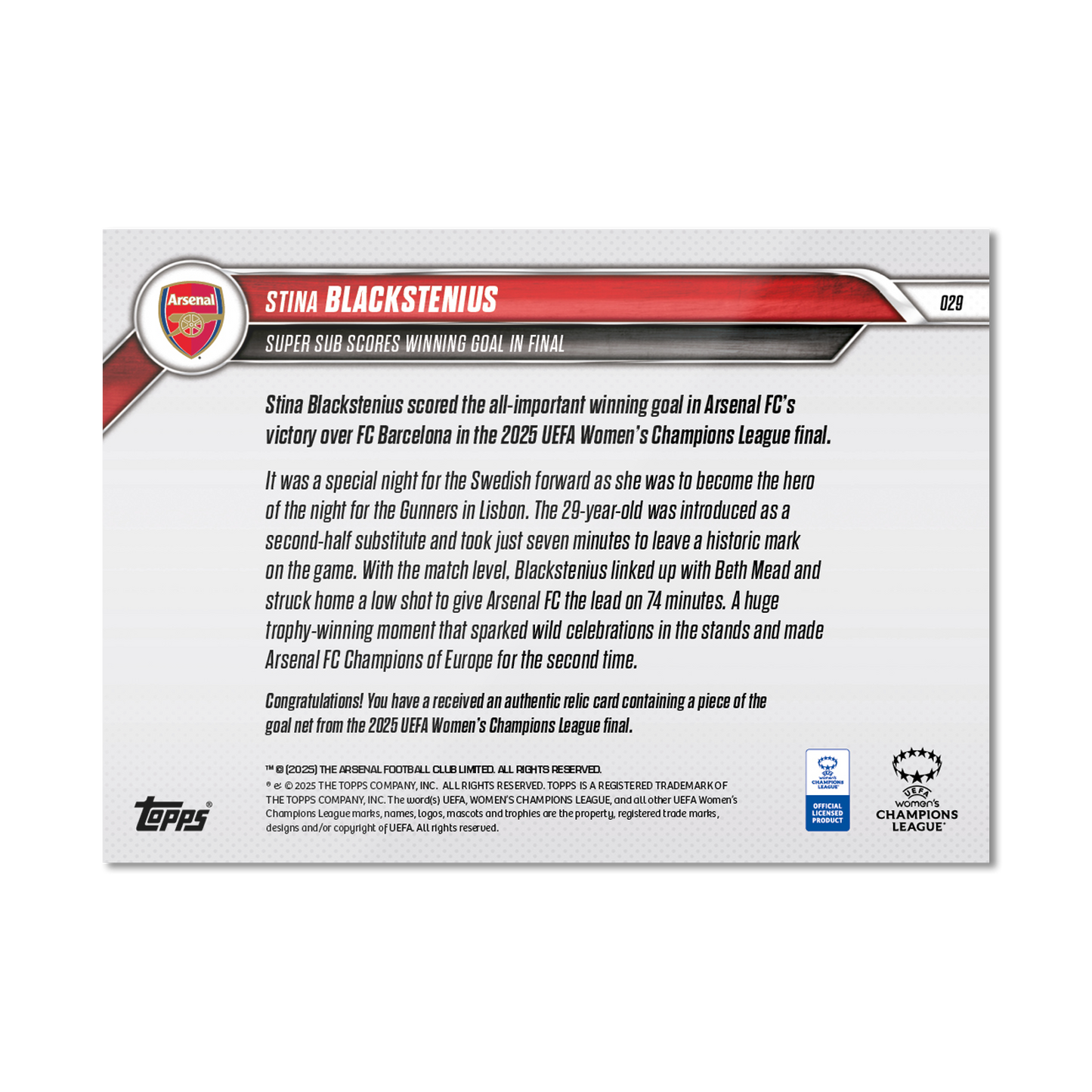 Stina Blackstenius - 2024-25 UWCL Topps NOW® - Card 29 - LOOK FOR RELICS - PR: 1115