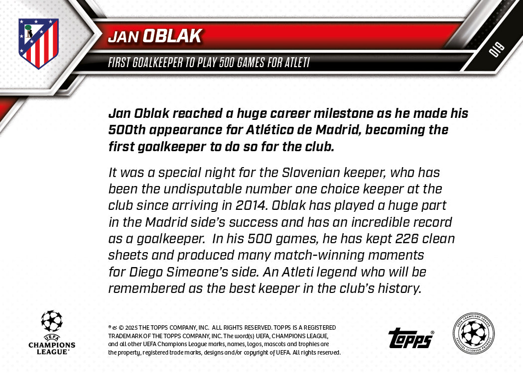 Jan Oblak - 2025-26 UCL Topps NOW® - Card 19 - PR: 201