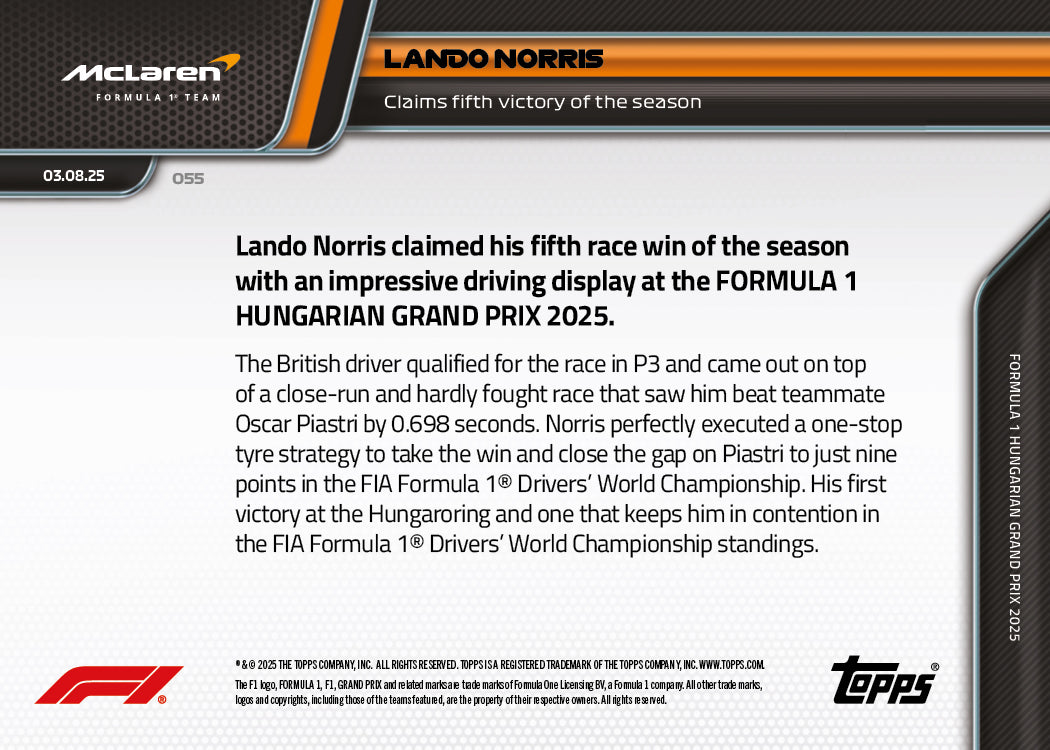 Lando Norris - 2025 Formula 1® Topps NOW® - Card 55 - PR: 2493