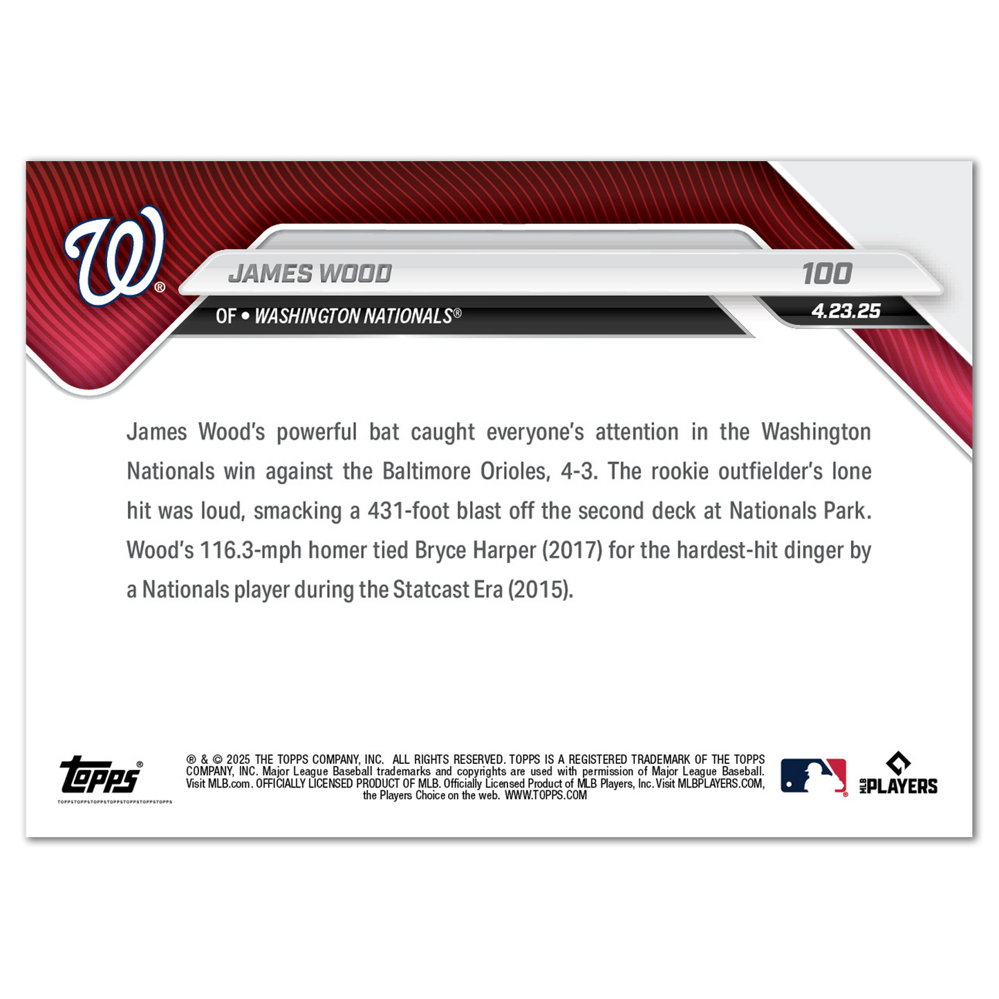 James Wood - 2025 MLB Topps NOW® - Card 100 - PR: 1749