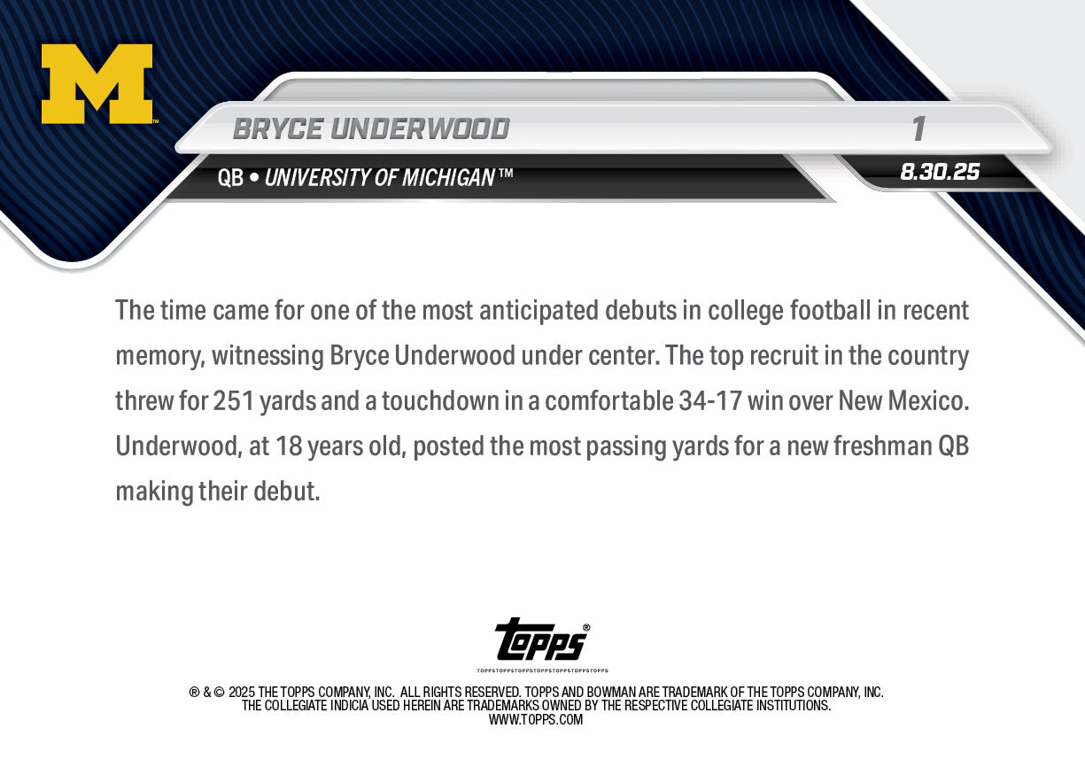 Bryce Underwood - 2025-26 Bowman U NOW® Football - Card 1 - PR: 10929