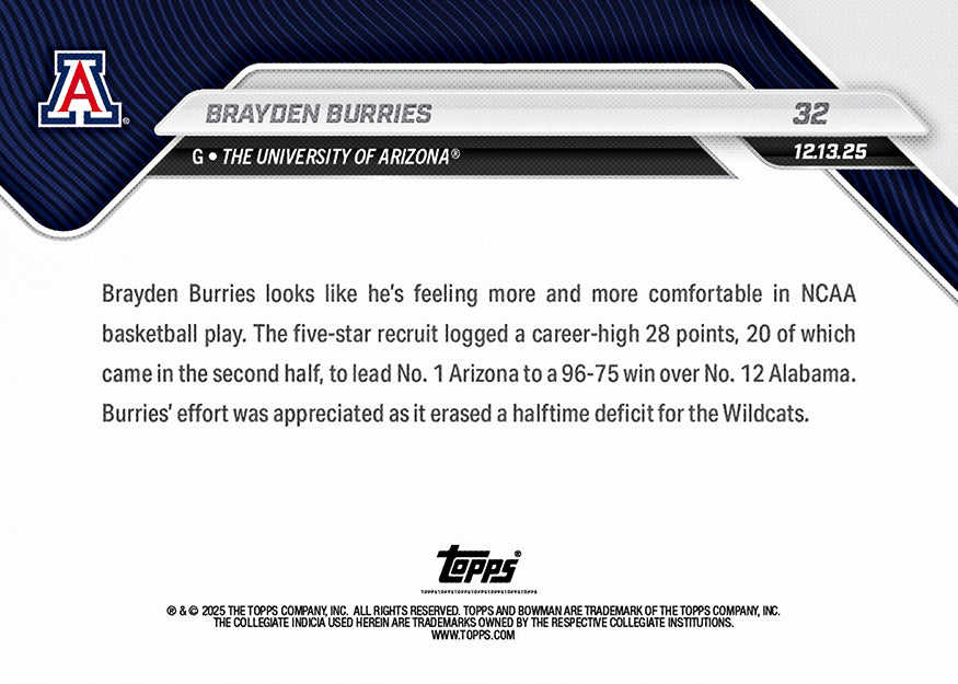 Brayden Burries - 2025-26 Bowman U NOW® Basketball - Card 32 - PR: 529