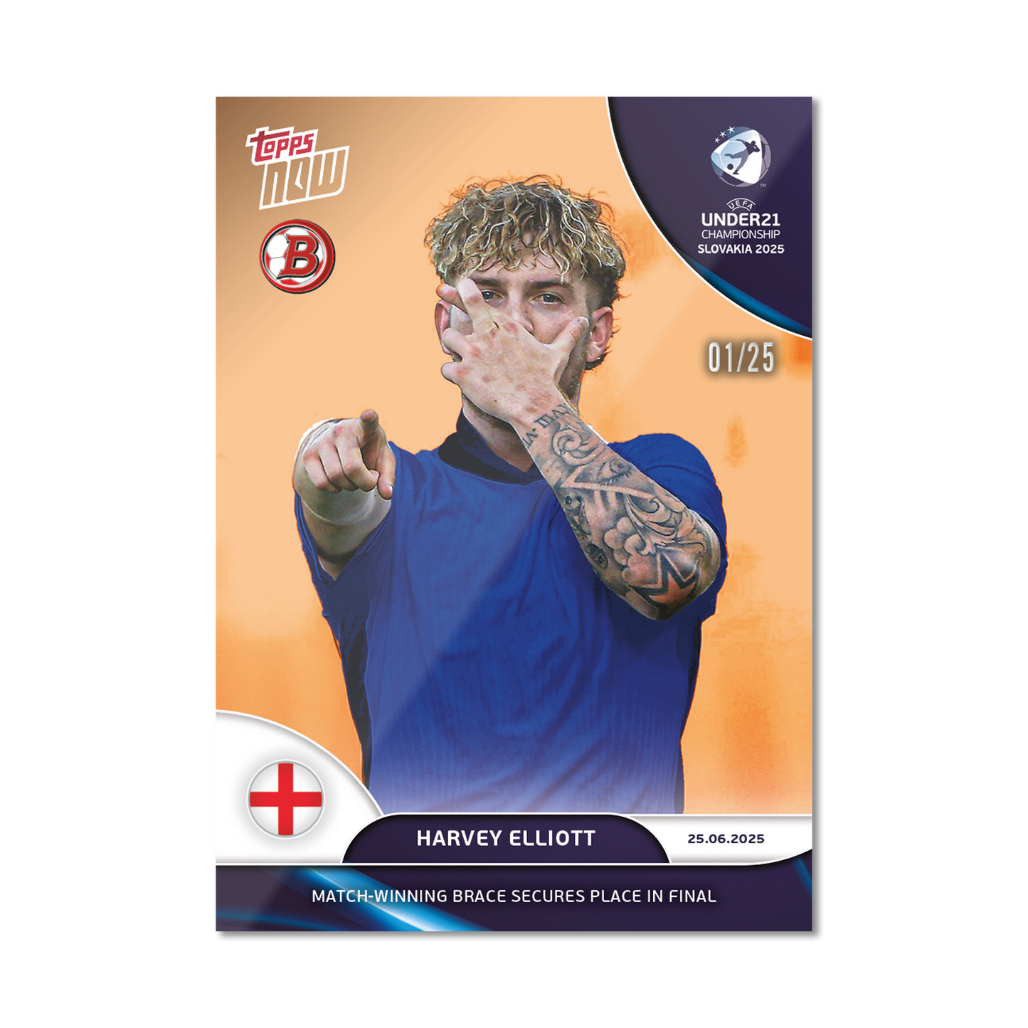 Harvey Elliott - 2025 UEFA Euro U-21 Topps NOW® - Card 10 - PR: 186