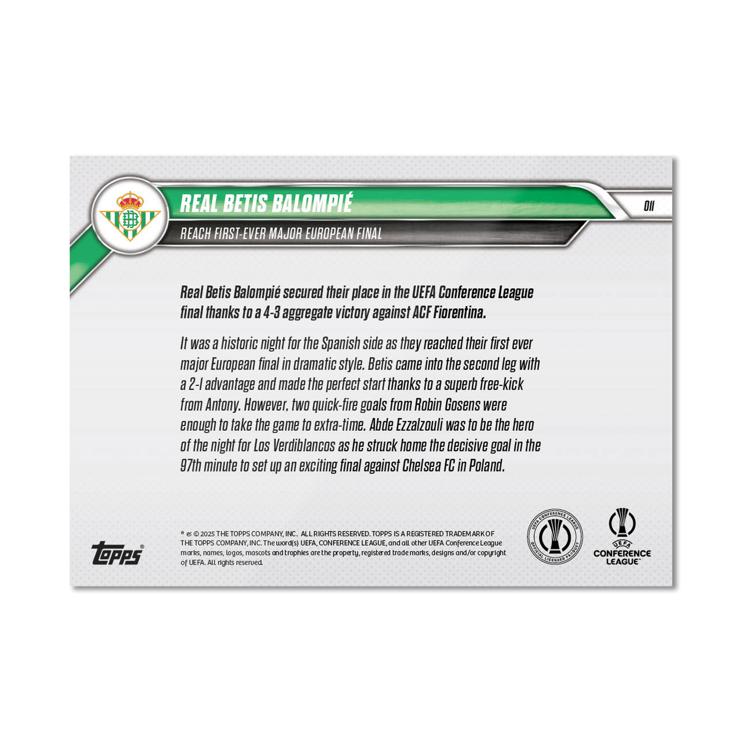 Real Betis Balompié  - 2024-25 UECL Topps NOW® - Card 11 - PR: 265