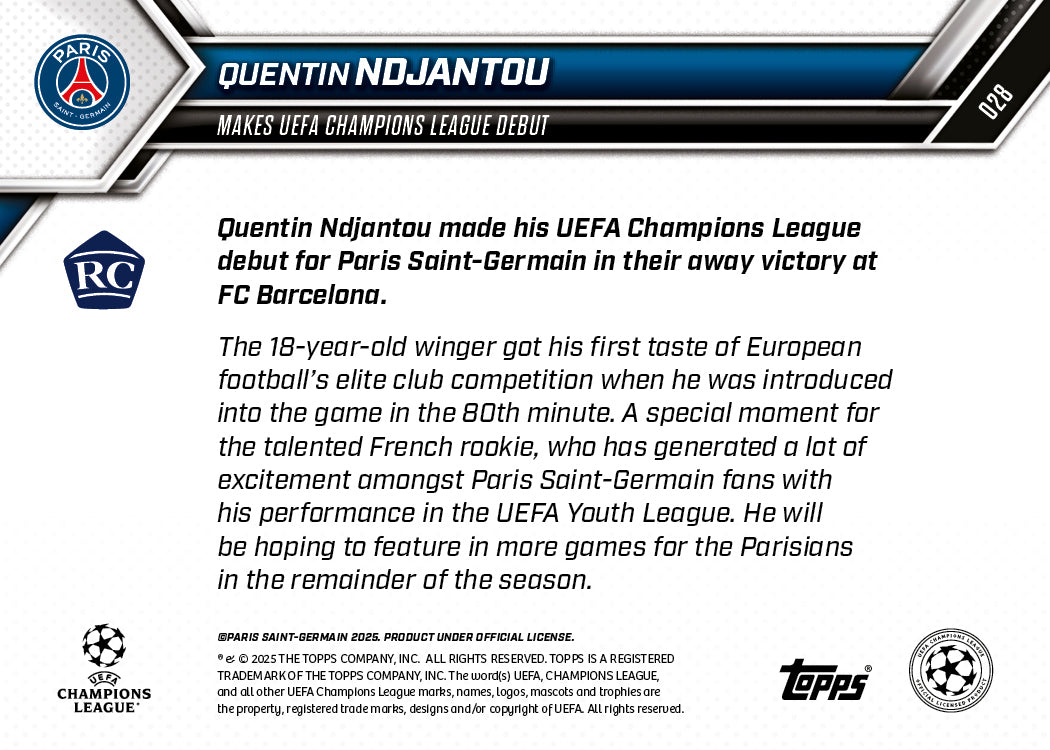 Quentin Ndjantou - 2025-26 UCL Topps NOW® - Card 28 - PR: 471