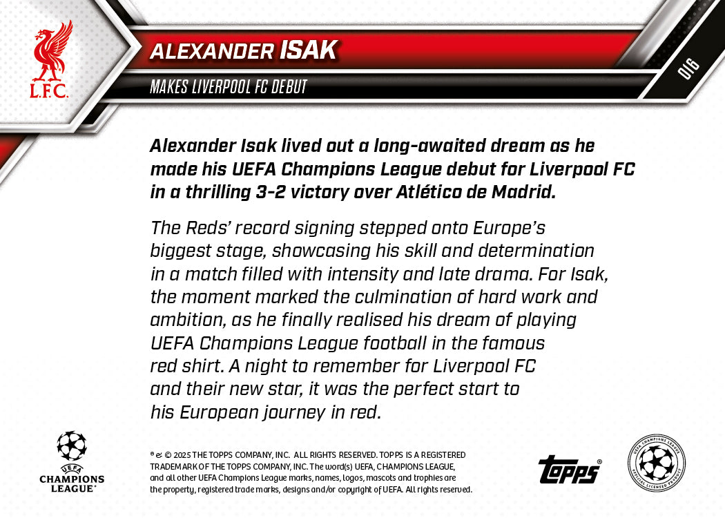 Alexander Isak - 2025-26 UCL Topps NOW® - Card 16 - PR: 635