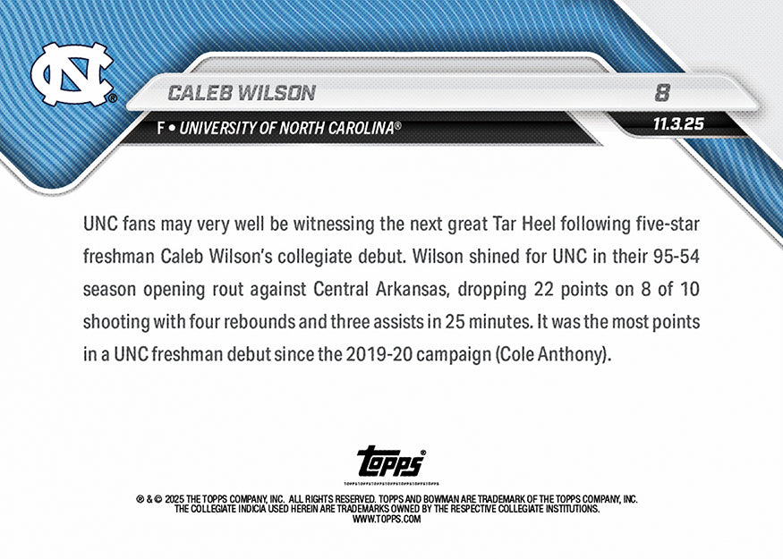 Caleb Wilson - 2025-26 Bowman U NOW® Basketball - Card 8