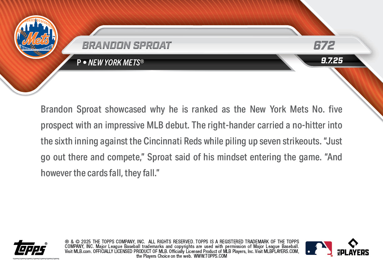 Brandon Sproat - 2025 MLB Topps NOW® - Card 672 - PR: 2355