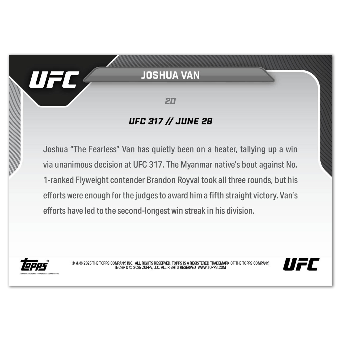 Joshua Van - 2025 UFC Topps NOW® - Card 20 - PR: 1640