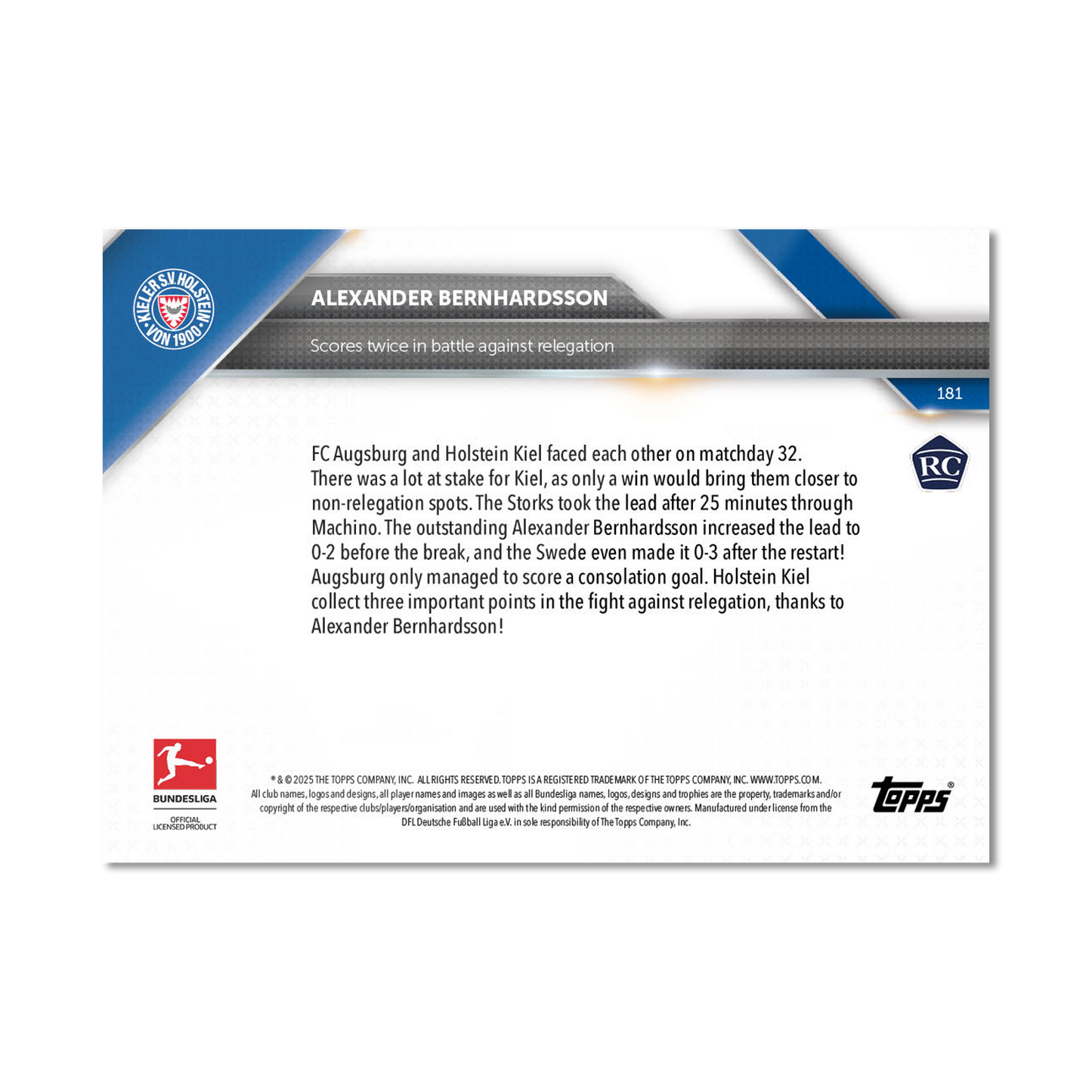Alexander Bernhardsson - 2024-25 Bundesliga Topps NOW® - Card 181 - PR: 86