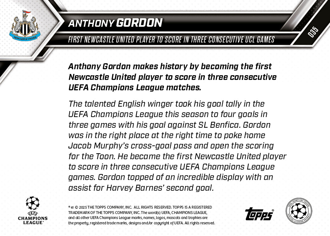 Anthony Gordon - 2025-26 UCL Topps NOW® - Card 35 - PR: 294