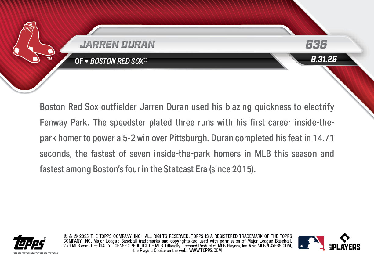 Jarren Duran - 2025 MLB Topps NOW® - Card 636 - PR: 1167
