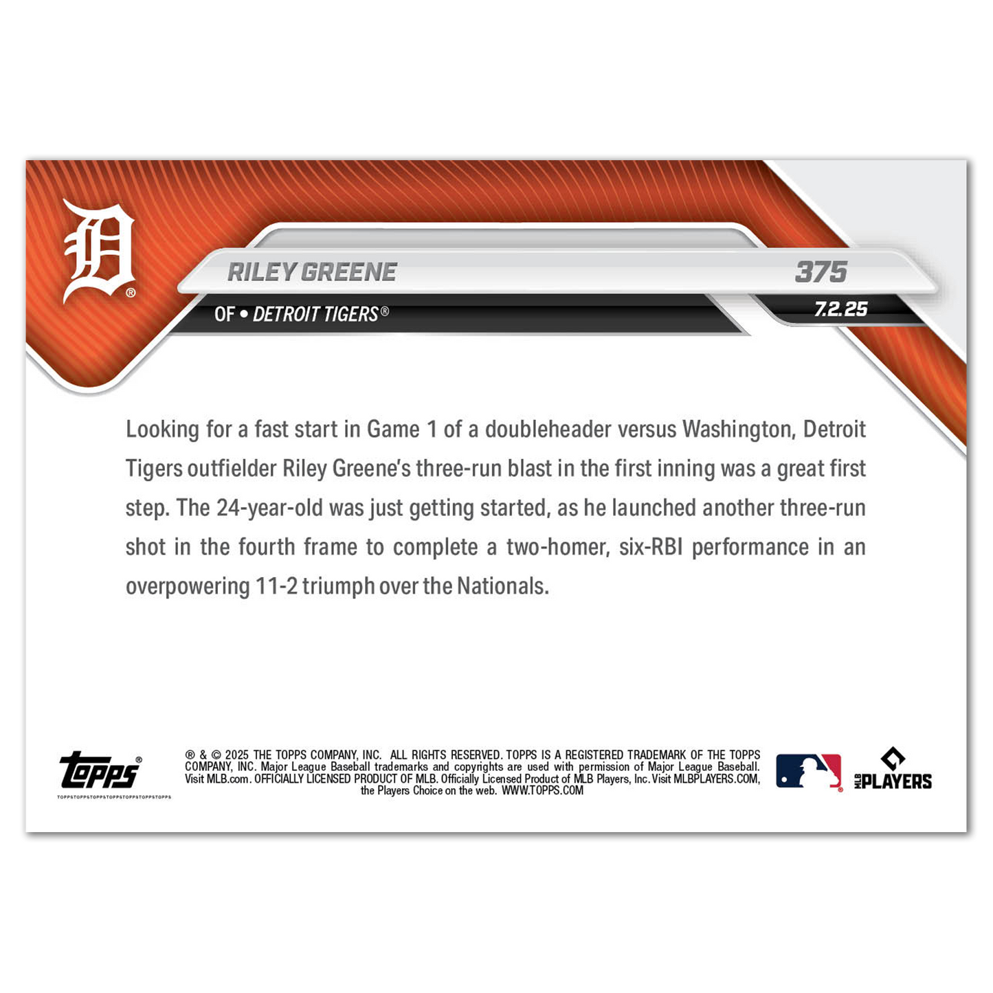 Riley Greene - 2025 MLB Topps NOW® - Card 375 - PR: 1036