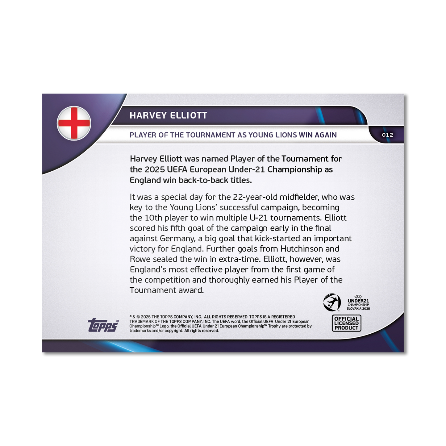 Harvey Elliott - 2025 UEFA Euro U-21 Topps NOW® - Card 12  - PR: 433
