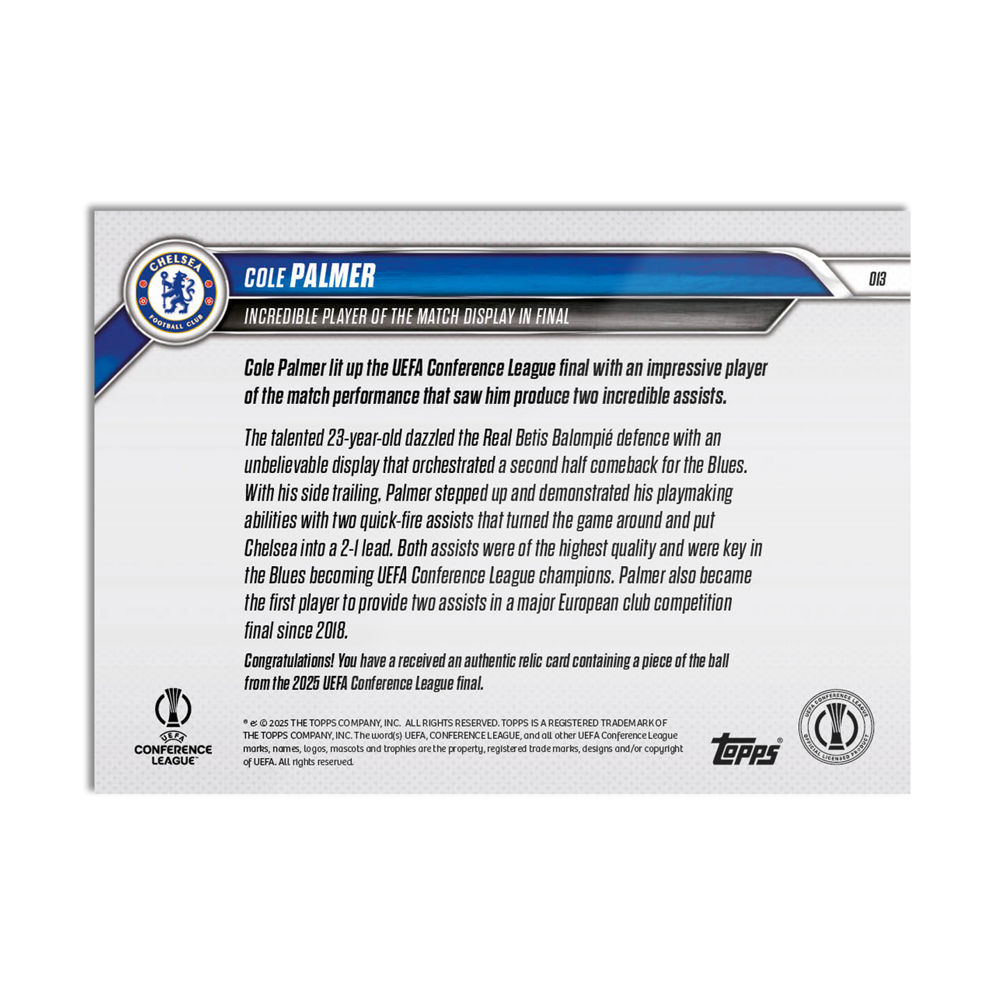 Cole Palmer - 2024-25 UECL Topps NOW® - Card 13 - LOOK FOR AUTO-RELICS - PR: 3073