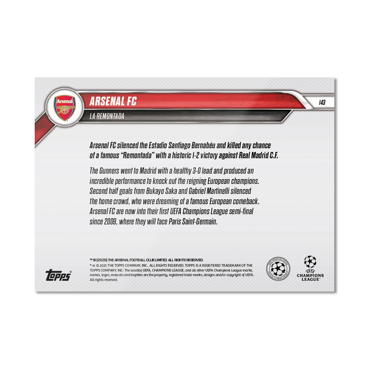 Arsenal FC - 2024-25 UCL Topps NOW® - Card 143 - PR: 641