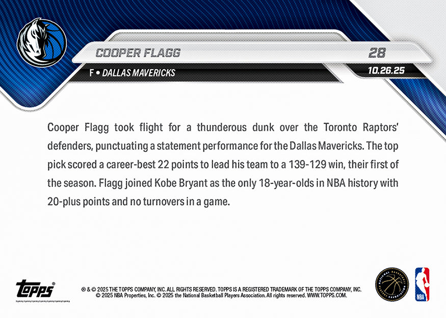 Cooper Flagg - 2025-26 NBA Topps NOW® - Card 28 - PR: 11225