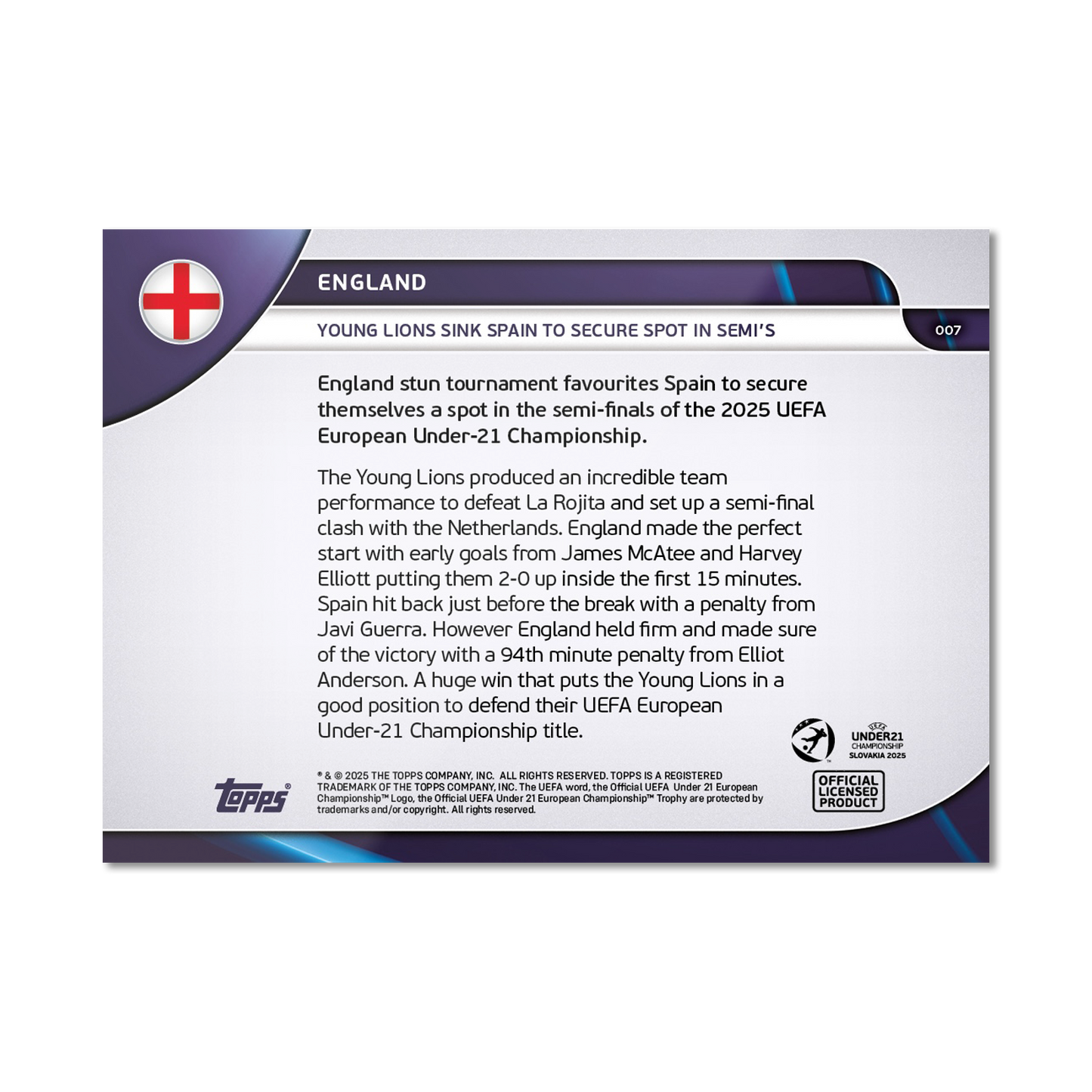 England - 2025 UEFA Euro U-21 Topps NOW® - Card 7 - PR: 94