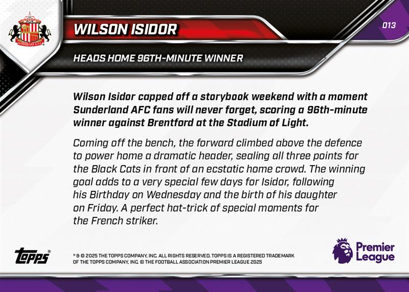 Wilson Isidor - 2025-26 Premier League Topps NOW® - Card 13 - PR: 989