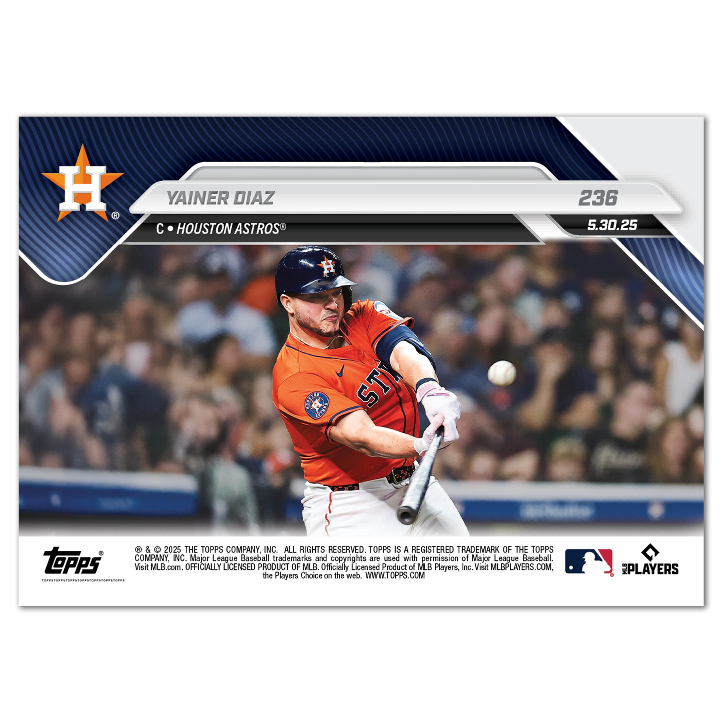 Yainer Diaz - 2025 MLB Topps NOW® - Card 236 - PR: 423