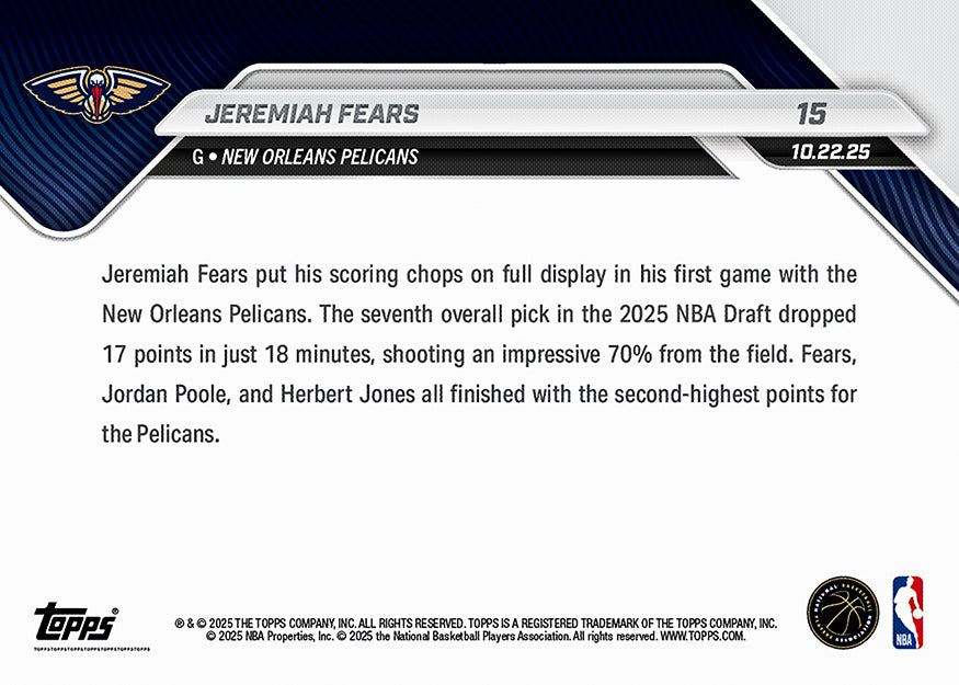 Jeremiah Fears - 2025-26 NBA Topps NOW® - Card 15 - PR: 819