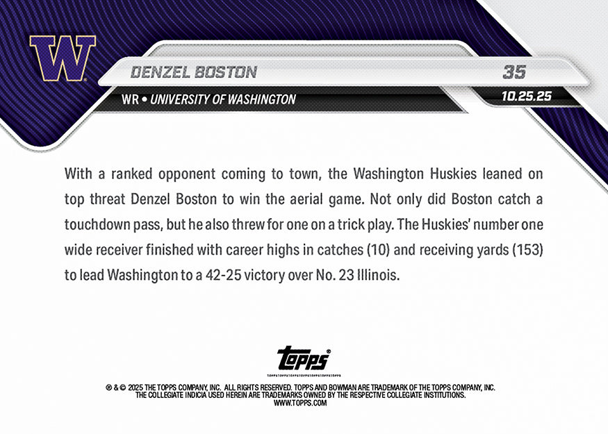 Denzel Boston - 2025-26 Bowman U NOW® Football - Card 35 - PR: 262