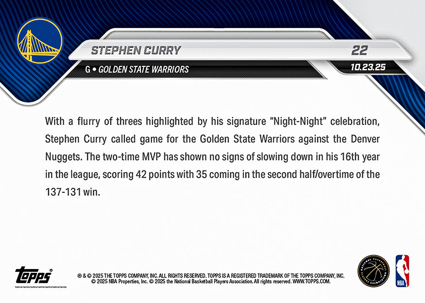Stephen Curry - 2025-26 NBA Topps NOW® - Card 22 - PR: 4265