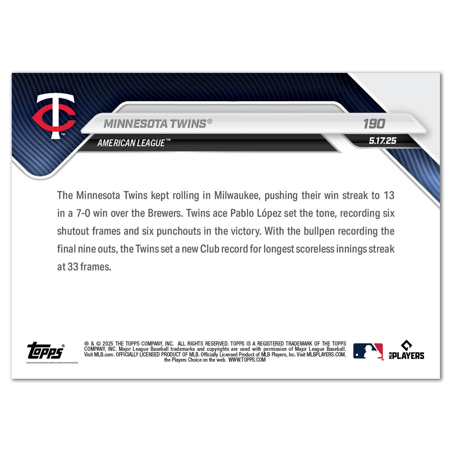 Minnesota Twins - 2025 MLB Topps NOW® - Card 190 - PR: 454