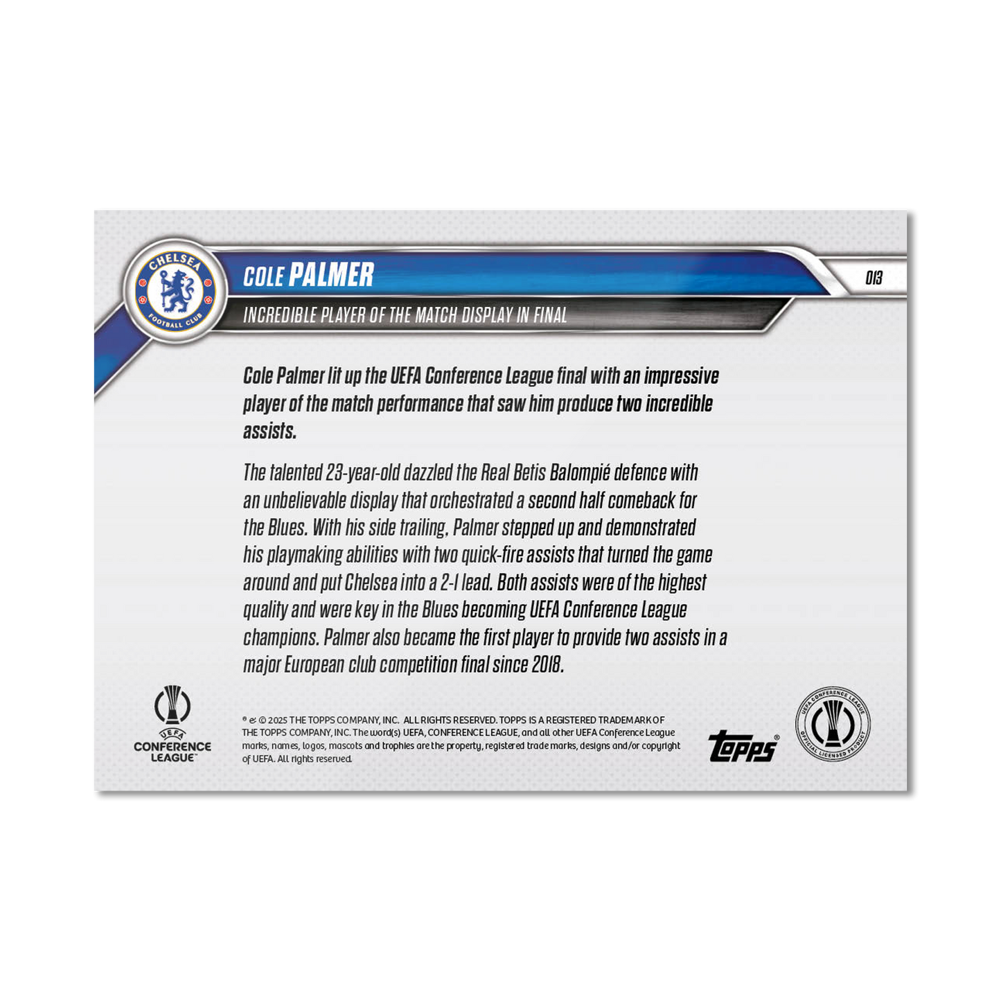 Cole Palmer - 2024-25 UECL Topps NOW® - Card 13 - LOOK FOR AUTO-RELICS - PR: 3073