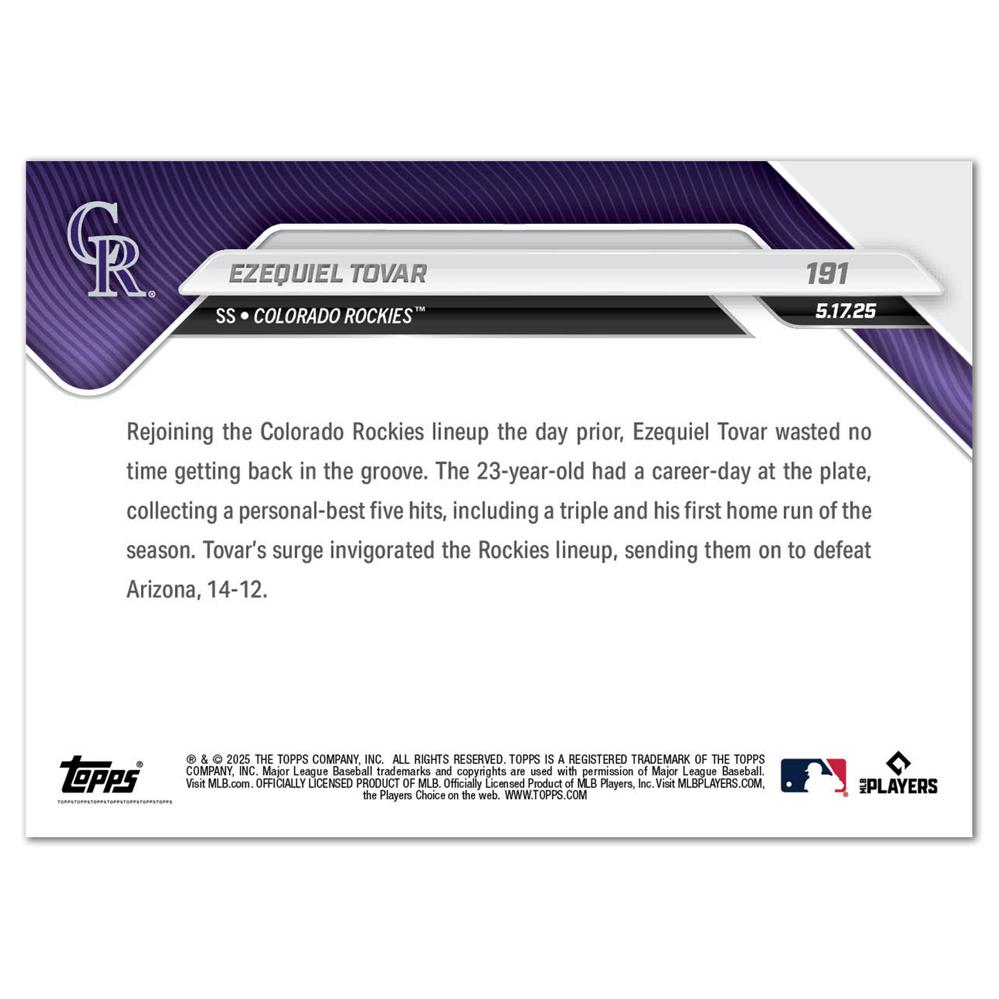 Ezequiel Tovar - 2025 MLB Topps NOW® - Card 191 - PR: 263