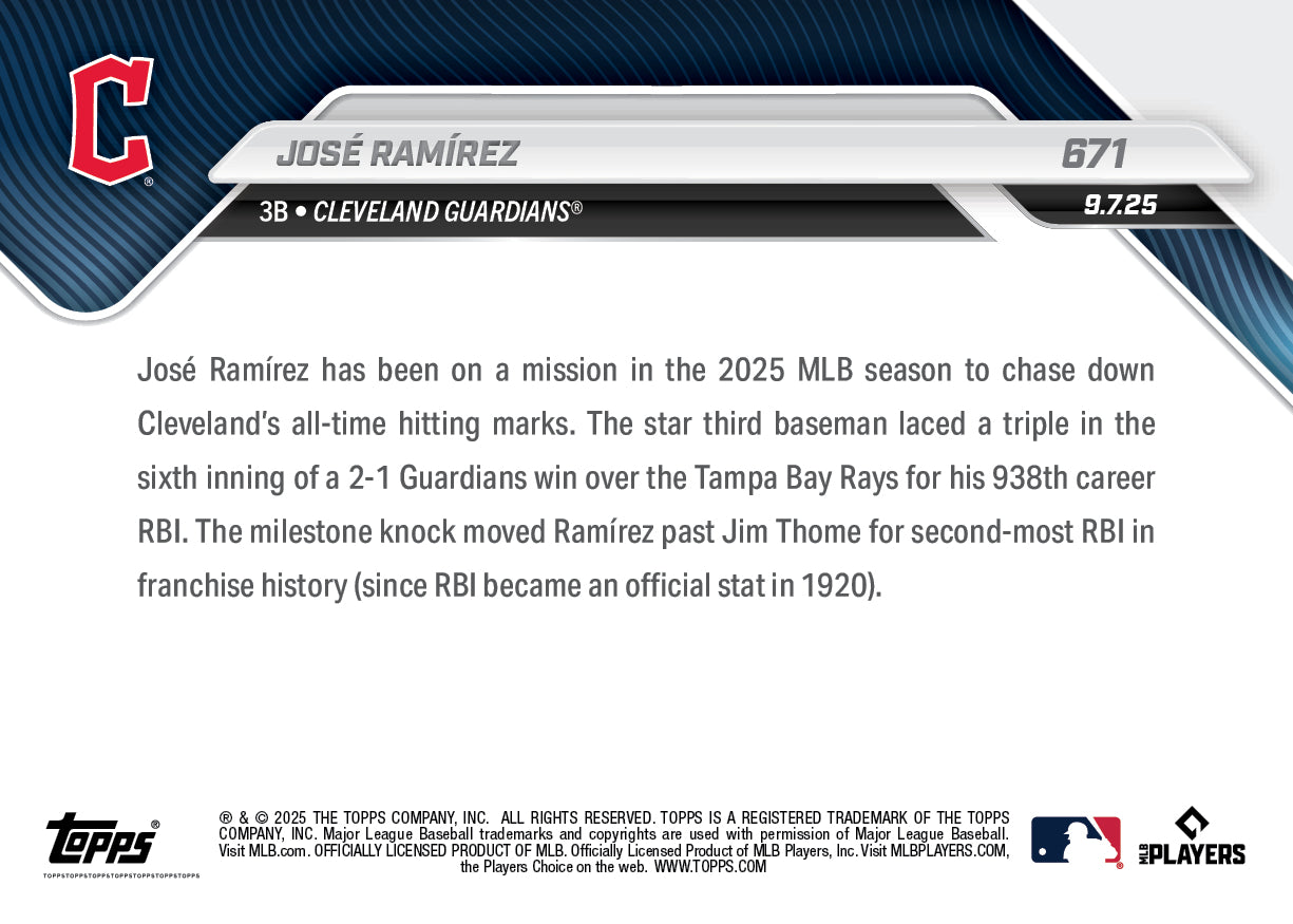 José Ramírez - 2025 MLB Topps NOW® - Card 671 - PR: 495